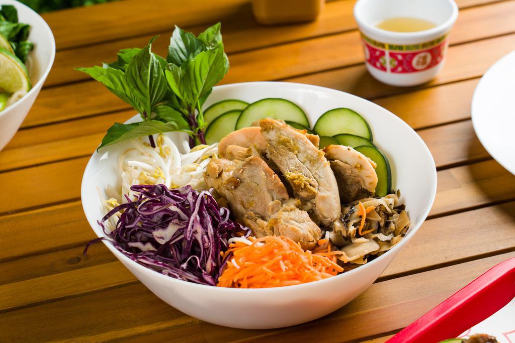 Lemongrass Chicken Vermicelli Bowls · Vermicelli noodles, pickled carrots, cucumbers, thai basil, bean sprouts, red cabbage, and shiitake mushrooms. Served with house fish sauce on the side.