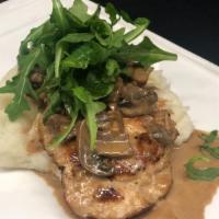 CHICKEN MADEIRA · Skillet breast with Madeira wine, mushrooms and mashed potatoes