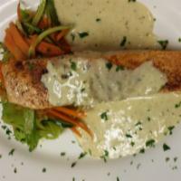 Salmone alla Griglia · Chef specialty. Grilled salmon with our Dijon sauce over vegetables.