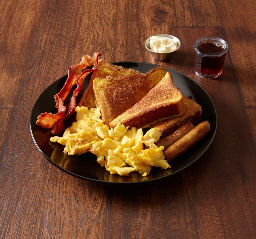Breakfast Combo B · 2 eggs, 2 strips of bacon, 2 sausage links and 1/2 order of French toast.