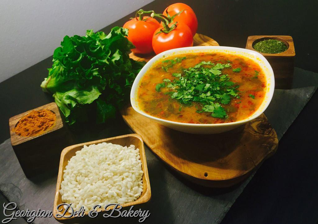 Kharcho · Beef soup. Beef and rice soup with Georgian spices. 
16oz