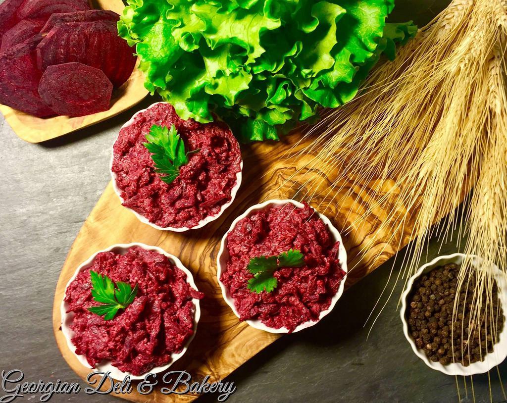 1 lb. Beets with Walnuts · Dish of chopped and minced beets with walnuts. Vegetarian. Vegan.