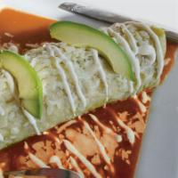 Wet Burrito Red Sauce · Super burrito topped with our thick mole sauce, mozzarella cheese, and avocado slices.