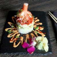 Kyoto Pagoda · Fresh. Layer of rice, avocado, crab mix and choice of protein, crab stick, spicy mayo, tobik...