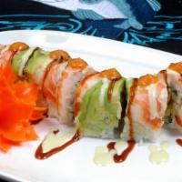 R7. Tiger Roll · Shrimp tempura, cucumber and avocado topped with sushi shrimp and orange sauce. Raw fish.