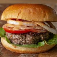 Hamburger · Lettuce,Tomato,pickle,Onion,Mayo, Mustard ,Ketchup with Beef patty on sesame seed bun.