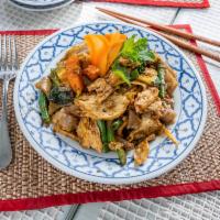 41. Drunken Noodles · A  must try traditional Thai flavors in 1 dish. Pan-fried flat noodles with mixed veggies, b...