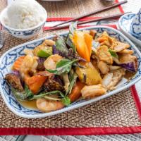 E11. Gentle Eggplant	 · Shrimp and chicken with eggplant, basil, bell peppers, pineapple and onions sauteed in chili...