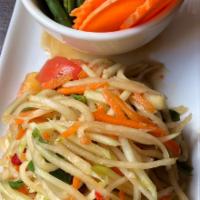 Green Papaya Salad (vegan) · Green papaya, chili, garlic, carrot, string bean and tomato and peanut