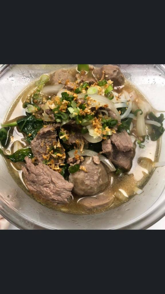 Beef Noodle Soup · Beef broth with beef sliced, beef balls, Chinese broccoli and bean sprouts with rice noodle.