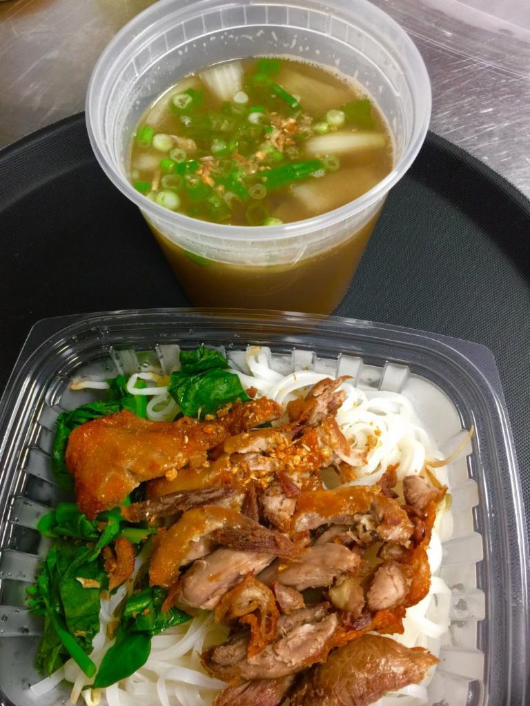 Duck Noodle Soup · Chicken broth with duck, Chinese broccoli, bean sprout and rice noodle.