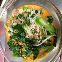 Asian Delight Laksa (medium spicy) · Coconut curry in a Laksa paste broth, Chinese broccoli, bean sprouts with rice noodle.