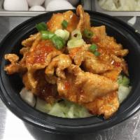 Volcano Chicken · Crispy chicken with sweet chili sauce and lettuce.