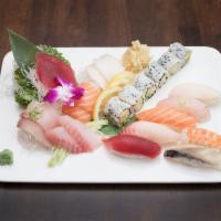 E5. Sushi and Sashimi Combo · 7 pieces of sushi, 10 pieces of sashimi and California roll.
