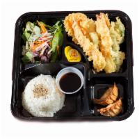 Shrimp Tempura Bento · 2 pcs shrimp  and assorted vegetables tempura, 2 pcs of fried chicken gyoza, green salad wit...