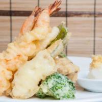 Shrimp and Vegetable Tempura · Three pieces of shrimp and assorted vegetables.