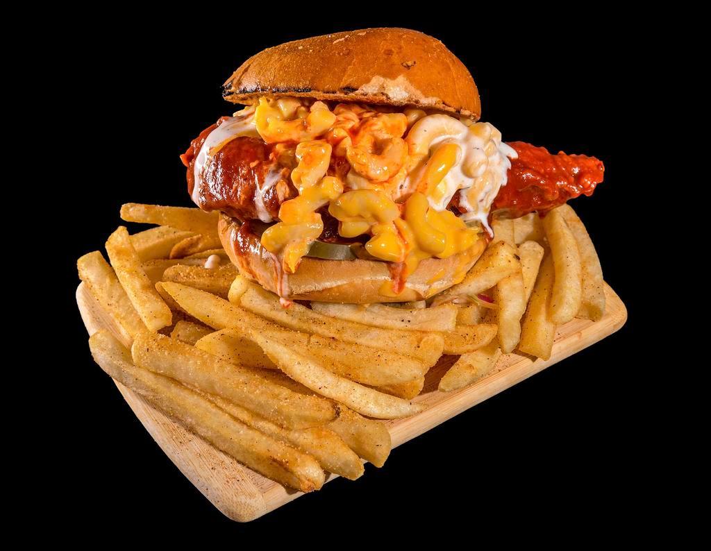 Mac Chicken Sandwich · Chicken Dunk'D in buffalo sauce & topped w/ mac N cheese, pickles & drizzled with ranch