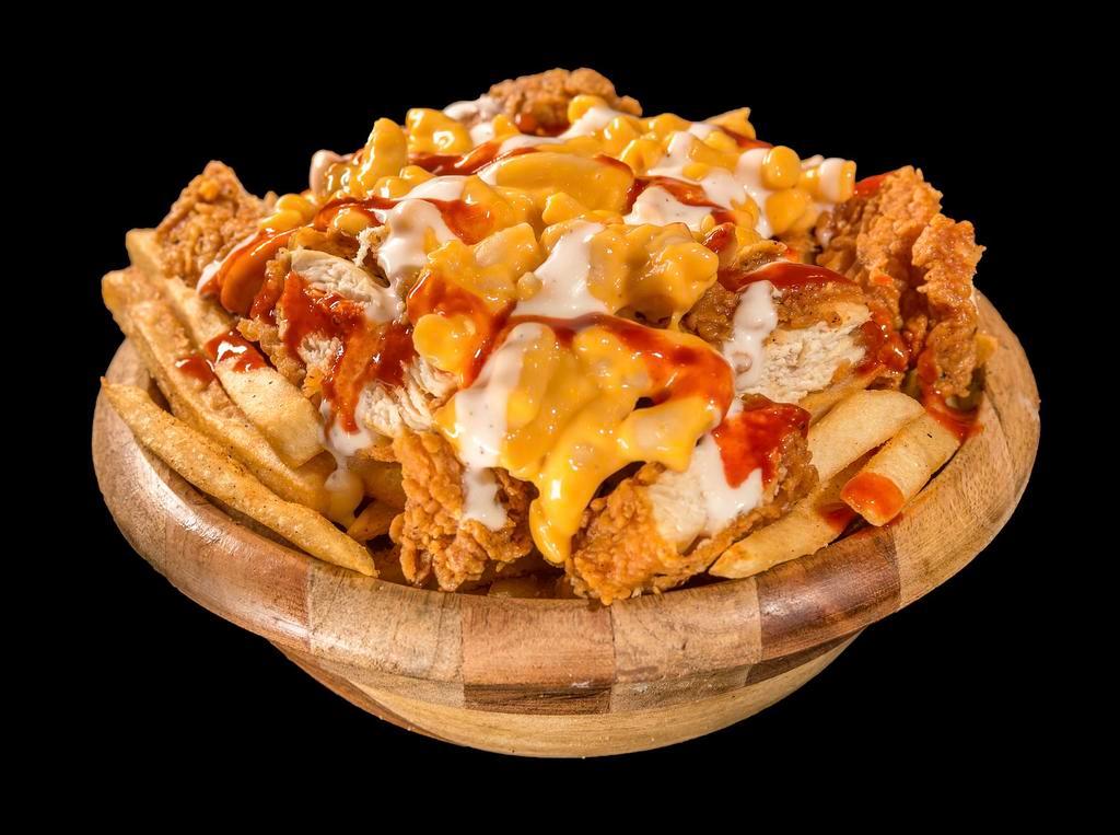 Loaded Fries · Fries topped w/chicken tenders, mac n cheese, ranch, & hot sauce
