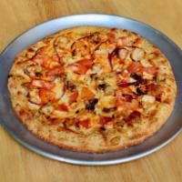 Buffalo Chicken Pizza · Buffalo sauce cream base, chicken, tomato, Gorgonzola, onions and mozzarella and some more B...