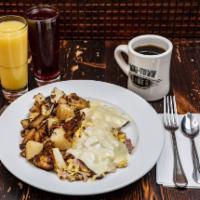 Meaty Scramble · Bacon, ham and sausage scrambled in 3 eggs and topped with American cheese.