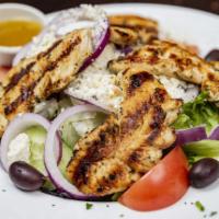 Chicken Kabob Salad · Served over Greek.