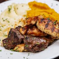 BBQ Steak Tips and Chicken Combo · Served with vegetable and choice of mashed potatoes, rice or french fries.