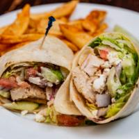 Chicken Kabob Wrap · Served with fresh lettuce, tomato, onion, cucumbers and feta cheese tossed with our famous h...