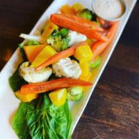 Wood Roasted Veggies · Seasoned with olive oil, rosemary, and sea salt.  Served with remoulade sauce.