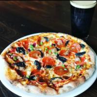 Stout's Supreme Pizza · House red sauce, pepperoni, Italian sausage, mushrooms, green bell pepper, red onion, mozzar...