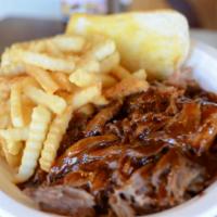 Pulled Pork Platter · Tender and juicy BBQ pork please include type of potatos (baked, fries, or greek) and colesl...