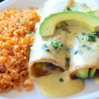 Avocado Enchilada · Sautéed mushrooms and spinach lightly seasoned with garlic salt and melted Monterey Jack che...