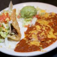 Combination #2 · Crispy beef taco, enchilada, and guacamole.