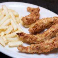 Chicken Tenders · Four hand battered chicken tenders, fried golden brown. Served with French fries and your ch...