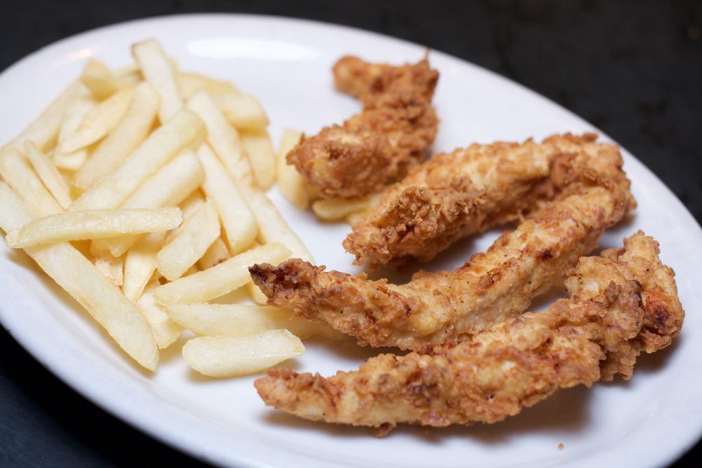 Chicken Tenders · Four hand battered chicken tenders, fried golden brown. Served with French fries and your choice of BBQ Sauce, Honey Mustard, Ranch, or Gravy.