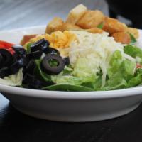 Dinner Salad · Mixed greens, fresh cut, tomatoes, American and Monterey, sliced black olives, and croutons.