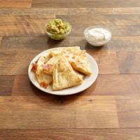 Quesadilla Appetizer · Chicken, chile verde, spicy pork or cheese, served with guacamole and sour cream. Add shrimp...