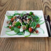 Sweet and Zesty Salad · Baby green blend with onion. tomato, walnuts, dried cherries and apples. Blue cheese and map...
