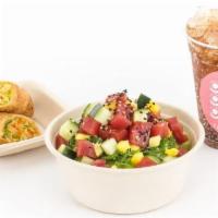 Poke Bowl Combo · Your choice of poke bowl over steamed white rice topped with sesame seeds, one vegetable egg...