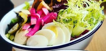 Falafel (SALAD) · Hummus, pickled vegetables, egg, eggplant.