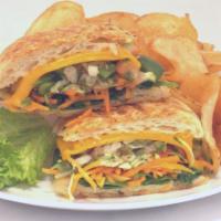 Southwest Vegetarian Panini · Fresh grated zucchini and carrots, spinach, melted cheddar and pico de gallo. Served on foca...