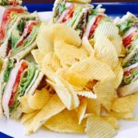 California Club · Sliced turkey, bacon, avocado, lettuce, tomato and alfalfa sprouts. Served with chips.