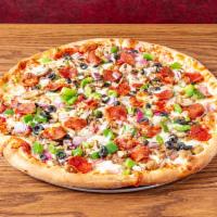 California Work's Pizza · Ham, pepperoni, sausage, green peppers, ground beef, onions, mushrooms and black olives.