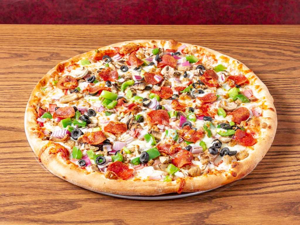 California Work's Pizza · Ham, pepperoni, sausage, green peppers, ground beef, onions, mushrooms and black olives.