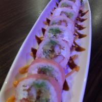 4. Pink Lady Roll · Shrimp tempura, crabmeat, cucumber, avocado, cream cheese, and masago, wrap in soy bean pape...