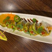 6. Mexican Roll · Shrimp tempura, crabmeat, cucumber, topped with mashed avocado, cilantro, jalapeno with eel ...