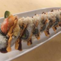 7. Godzilla Roll · Shrimp tempura, cream cheese, spicy crabmeat, avocado, topped with tempura crunch, eel sauce...