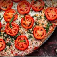 Margherita Pizza · Mozzarella, roma tomatoes, basil, and garlic with tomato sauce as a base. Small serves 1-2 p...