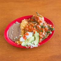 Chiles Rellenos  Dinner · -Comes with lettuce, tomato, sour cream, avocado, rice & beans
-If you have an allergy pleas...