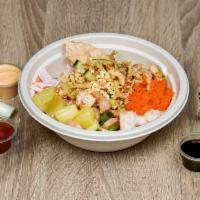 Teriyaki Surf and Turf Signature Bowl · Chicken, Shrimp, Cucumber, Green Onion, Edamame, Masago, Tempura Flakes, Fried Onions with S...