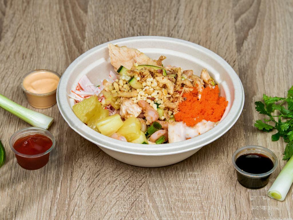 Teriyaki Surf and Turf Signature Bowl · Chicken, Shrimp, Cucumber, Green Onion, Edamame, Masago, Tempura Flakes, Fried Onions with Sweet Teriyaki